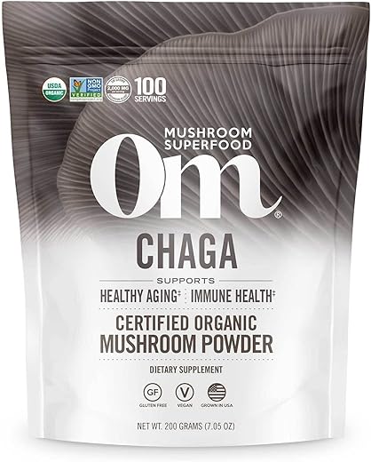 Mushroom Superfood Chaga Pó de Cogumelo Orgânico, 200g, 100 Porções, Cultivado nos EUA, Antioxidantes Sagrados - OM