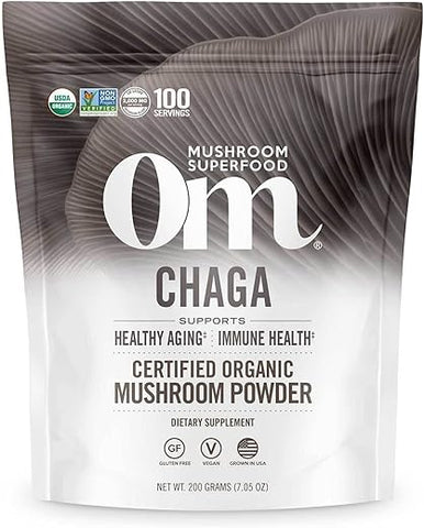 Mushroom Superfood Chaga Pó de Cogumelo Orgânico, 200g, 100 Porções, Cultivado nos EUA, Antioxidantes Sagrados - OM