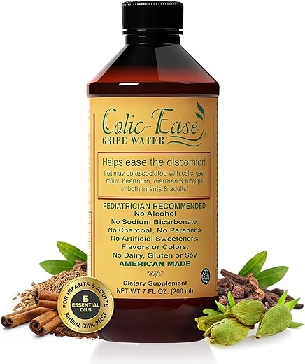 Colic-Ease - Gripe Water para Bebês – Alívio Natural de Cólicas para o Estômago Irritado de Recém-Nascidos, Dor de Gás – Remédio Herbal com 5 Óleos Essenciais – Sem Carvão Ativado – Fabricado nos EUA – 7 fl. oz