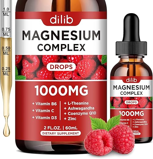 dilib - Complexo de Magnésio Triplo, Magnésio Glicinato, Treonato, Citrato – Gotas Líquidas 1000mg com Ashwagandha, CoQ10, Vitamina B6, C, D, Zinco – Sabor Framboesa Vegano