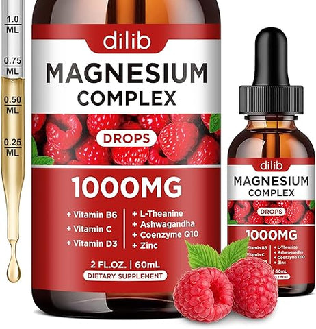 dilib - Complexo de Magnésio Triplo, Magnésio Glicinato, Treonato, Citrato – Gotas Líquidas 1000mg com Ashwagandha, CoQ10, Vitamina B6, C, D, Zinco – Sabor Framboesa Vegano