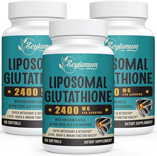 Zeylamum - 2400 MG Softgels Lipossomais de Glutationa, Absorção Máxima, Forma Ativa L-Glutathione Reduzida (GSH), com Ácido Hialurônico, Resveratrol, Antioxidantes Mestres para Desintoxicação, Cérebro, Imunidade