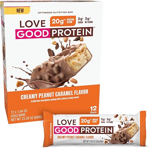 LOVE GOOD FATS - Love Good Fats Barras de Proteína – Barra de Proteína de Amendoim Caramelo – 12 Unidades