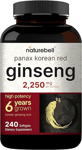 NatureBell - Ginseng Vermelho Coreano 2.250mg Por Porção, 240* Softgels | Raiz de Panax Ginseng, Padronizado para 10%% Ginsenosídeos, Não-OGM, Suporte Energético, Desempenho Masculino