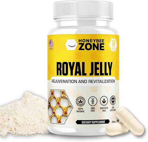 HONEYBEEZONE - Royal Jelly 500 mg – Cápsulas Veganas de Geléia Real de Abelha, Superfood Natural Anti-Envelhecimento e Estimulante Cerebral – 60 Cápsulas de Geléia Real de Abelha