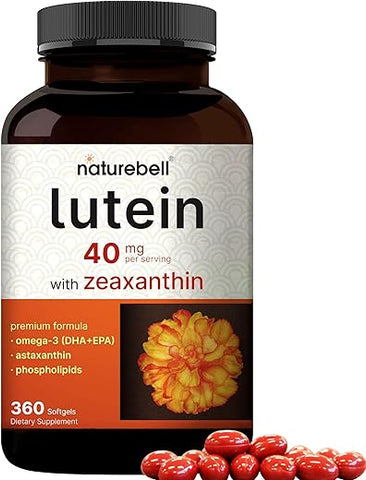 NatureBell - Luteína 40mg e Zeaxantina 1.600mcg por Porção, 360 Softgels | 4 em 1 com Ômega-3, Astaxantina
