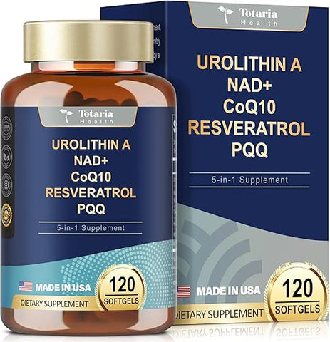 Totaria - Urolithin A 1000mg com NAD, CoQ10, Resveratrol, PQQ – 120 Softgels Vegan para Energia Muscular e Antioxidantes de Alta Bioacessibilidade