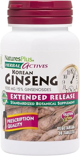Natures Plus - NaturesPlus Herbal Actives Ginseng Coreano, Liberação Prolongada – 1000 mg, 30 Comprimidos Veganos – Suplemento Herbal Adaptogênico, Antioxidante – Vegetariano, Sem Glúten – 30 Porções