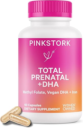 Vitaminas Pré-Natais Pink Stork Total com DHA, Ácido Fólico, Ferro, Colina e Vitamina B12 – Suporte ao Desenvolvimento Fetal e Gravidez – 60 Cápsulas