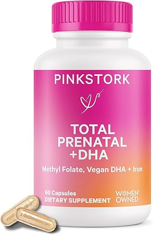 Vitaminas Pré-Natais Pink Stork Total com DHA, Ácido Fólico, Ferro, Colina e Vitamina B12 – Suporte ao Desenvolvimento Fetal e Gravidez – 60 Cápsulas