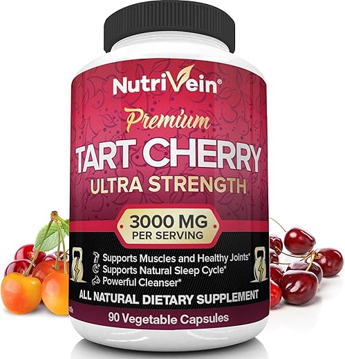 Tart Cherry Capsules 3000mg – 90 Vegan Pills – Alívio da Dor, Recuperação Muscular, Flavonoides – Limpeza do Ácido Úrico, Suplemento de Extrato de Suco - Nutrivein