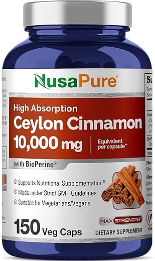 Canela Ceylon 10.000mg Por Cápsula | 150 Cápsulas Vegetais | Sem OGM, Vegano com Bioperina - NusaPure