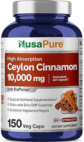 Canela Ceylon 10.000mg Por Cápsula | 150 Cápsulas Vegetais | Sem OGM, Vegano com Bioperina - NusaPure