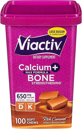 Cálcio + D, Soft Chews, Caramelo – 100 unidades, Pacote com 5 – Comprimidos mastigáveis macios para fortalecer ossos e dentes - Viactiv