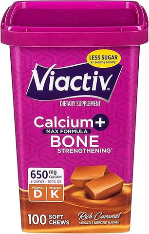 Cálcio + D, Soft Chews, Caramelo – 100 unidades, Pacote com 5 – Comprimidos mastigáveis macios para fortalecer ossos e dentes - Viactiv