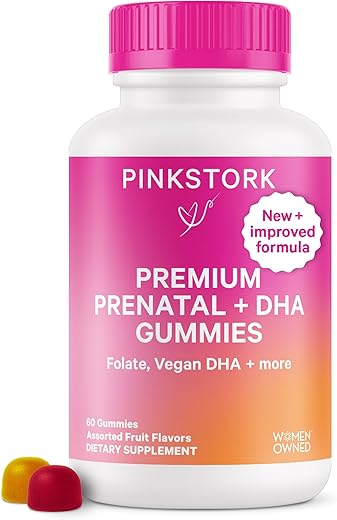 Gomas Premium Pré-natais com DHA, Ácido Fólico e Vitamina D – Multivitamínico e Nutrientes para Desenvolvimento do Tubo Neural e Cérebro Fetal – Essenciais na Gravidez – 60 gomas - Pink Stork