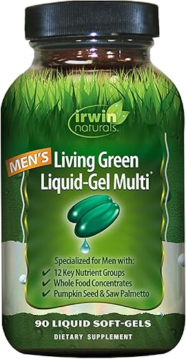 Men’s Living Green – Multivitamínico Líquido em Cápsulas – 70 Nutrientes Essenciais, Vitaminas de Espectro Completo, Mistura de Alimentos Integrais – Adrenal Direcionado - Irwin Naturals