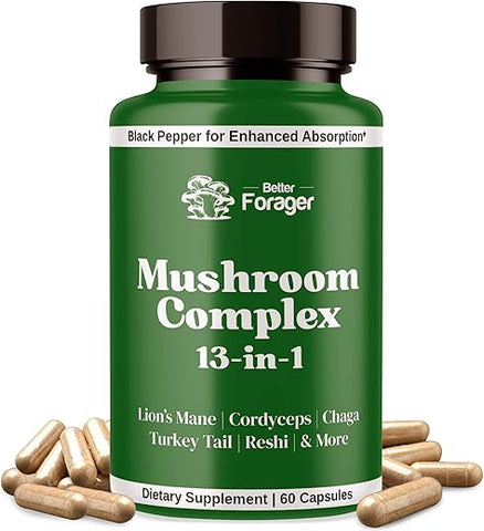 Better Forager - Cápsulas Complexas de Cogumelo, Suplemento de 13 Cogumelos, Cogumelo do Leão, Reishi, Cordyceps, 13 em 1