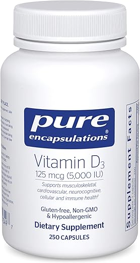 Vitamina D3 Pure Encapsulations 125 mcg (5.000 UI) – Suporte para Saúde Óssea, Articular, Mamária, Cardíaca, Colônica e Imunológica* – com Vitamina D – 250 Cápsulas