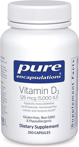 Vitamina D3 Pure Encapsulations 125 mcg (5.000 UI) – Suporte para Saúde Óssea, Articular, Mamária, Cardíaca, Colônica e Imunológica* – com Vitamina D – 250 Cápsulas