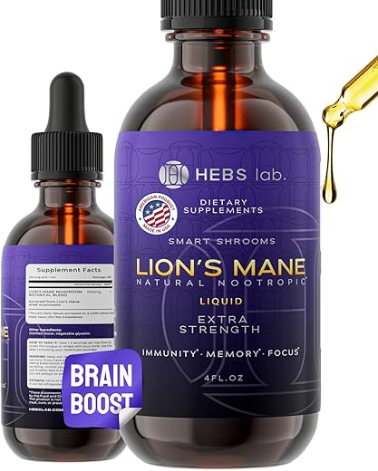 HEBS LAB. - Suplemento de Cogumelo do Leão – Extrato Orgânico de Cogumelo do Leão – Suplemento Cerebral de Ervas – Gotas Naturais de Cogumelo do Leão – Defesa Imunológica – Fabricado nos EUA – Suplemento de Memória para o Cérebro 4g