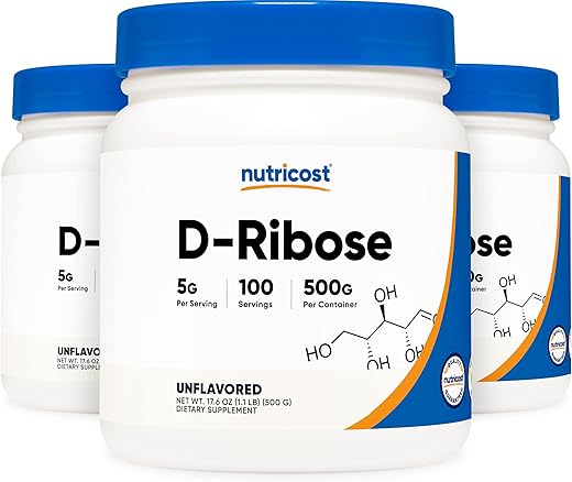 D-Ribose em Pó 500 Gramas – 5000mg por Porção, Não-OGM (500g – 3 Pacotes) - Nutricost