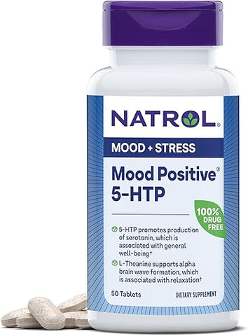 Mood Positive 5-HTP 50mg com L-Theanine, Vitamina B6, Vitamina B12 e Folate – Suplemento Alimentar para Apoiar um Humor Positivo – 50 Comprimidos, Fornecimento de 25-50 Dias - Natrol