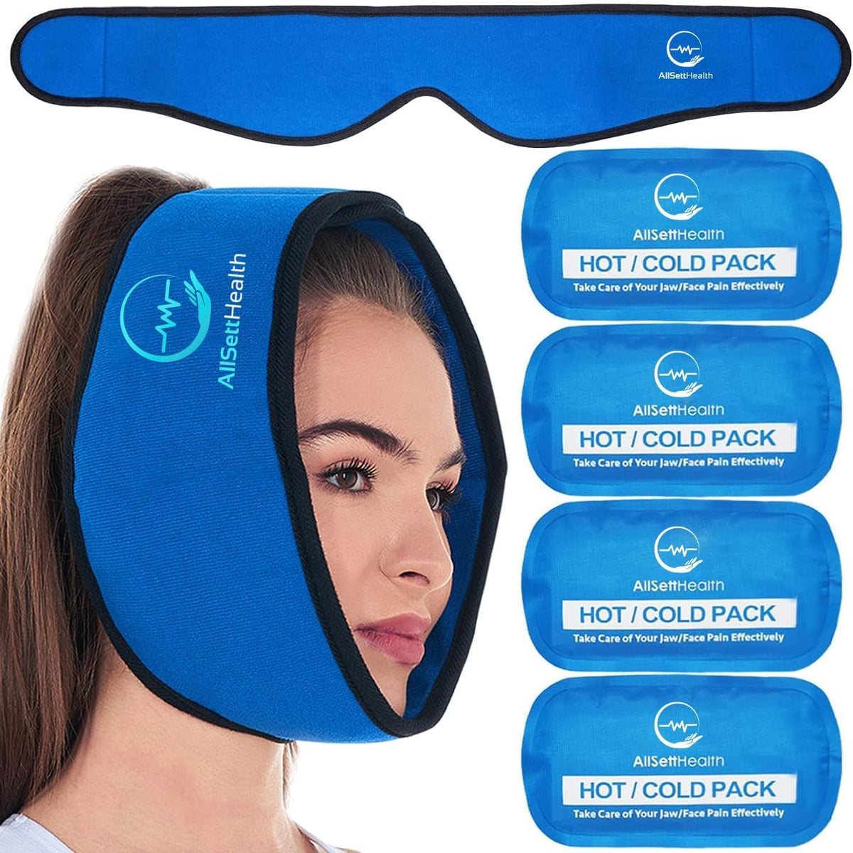 AllSett Health - Envoltório de Gelo Facial para Alívio de ATM, Dentes do Siso, Mandíbula, Cabeça e Queixo, 4 Pacotes de Gel Reutilizáveis Quente e Frio, Alívio da Dor para Cirurgia Bucal, Oral e Facial