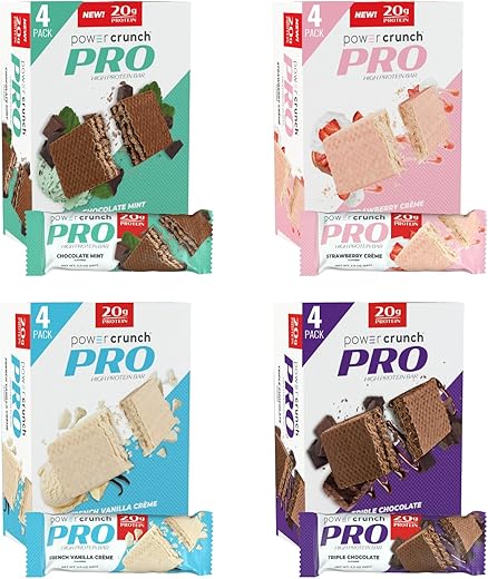 PRO Barras de Wafer de Proteína, Pacote Sortido, em 4 Sabores Barras de 56g (16 Unidades). Alta Proteína - Power Crunch