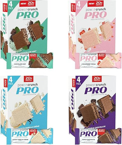 PRO Barras de Wafer de Proteína, Pacote Sortido, em 4 Sabores Barras de 56g (16 Unidades). Alta Proteína - Power Crunch