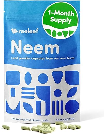 reeleef - Cápsulas de Folha de Neem Puro Herbal – 120 Unidades 500 mg – Pó de Neem Puro Feito com Folhas de Neem Orgânicas Certificadas – Sem Aditivos – Vegano