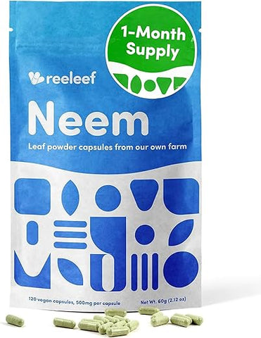 reeleef - Cápsulas de Folha de Neem Puro Herbal – 120 Unidades 500 mg – Pó de Neem Puro Feito com Folhas de Neem Orgânicas Certificadas – Sem Aditivos – Vegano