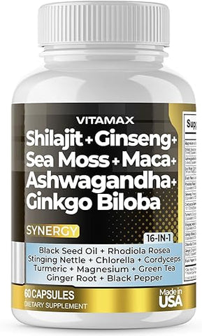 Vitamax - Suplemento Puro de Shilajit do Himalaia 10.000mg Ashwagandha 6.000mg Sea Moss 2.000mg Rhodiola Rosea 1000MG Gingko Biloba 500mg Cápsulas de Minerais Traços – Homens e Mulheres – Fabricado nos EUA