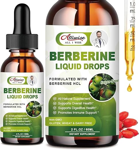 Alliwise - 2 Pack Premium Berberine – 1500mg Gotas Líquidas de Berberina para Sistema Imunológico e Digestivo