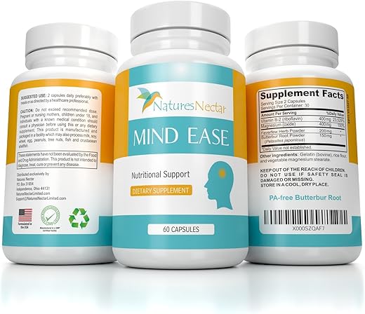Nature's Nectar - Suplemento Alívio de Enxaqueca – Raiz de Butterbur Livre de PA, Riboflavina, Magnésio e Cápsulas de Tanaceto – A exclusiva combinação de Mind Ease para Prevenção de Enxaqueca Original