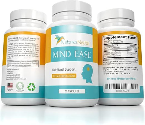 Nature's Nectar - Suplemento Alívio de Enxaqueca – Raiz de Butterbur Livre de PA, Riboflavina, Magnésio e Cápsulas de Tanaceto – A exclusiva combinação de Mind Ease para Prevenção de Enxaqueca Original