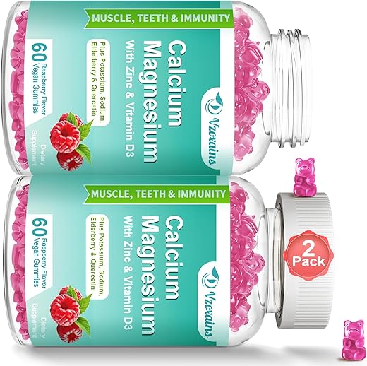 VZOXAINS - Gomas de Cálcio Magnésio Zinco de Alta Absorção com Magnésio Glicinato 400mg, Sem Açúcar – Suplemento de Cálcio Magnésio para os Ossos