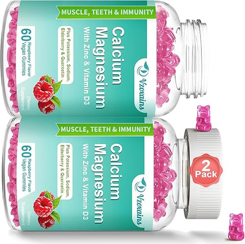 VZOXAINS - Gomas de Cálcio Magnésio Zinco de Alta Absorção com Magnésio Glicinato 400mg, Sem Açúcar – Suplemento de Cálcio Magnésio para os Ossos
