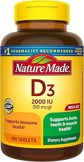 Nature Made - Vitamina D3 Mega Size, 400 Comprimidos – 2000 UI (50 mcg) – Fortalece a Imunidade, Ossos e Dentes