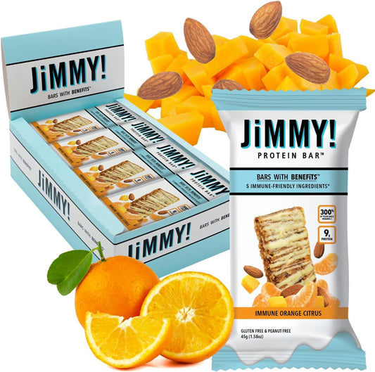 JIMMYBAR - JiMMY’S Immune! Barra de Suporte Imunológico Citrus Blast – 12 Unidades – Barra de Proteína com Ingredientes Fortificantes Imunológicos: Vitamina C, Cúrcuma, Laranja, Manga, Acerola e Amêndoas
