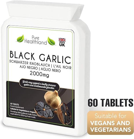 Pure Healthland - Suplemento de Alho Negro Sem Glúten ODORLESS em Cápsulas. Alta Potência Equivalente a 2000mg de Bulbos de Alho Fresco. Adequado para Tablets Veganos Vegetarianos. Fabricado no Reino Unido (1 Frasco)