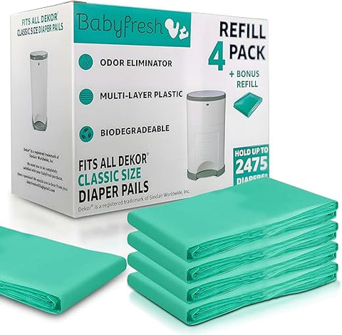 Baby Fresh - Refis Compatíveis com DEKOR Classic Diaper Pails 4 Pack + 1 Extra Exclusivo 30%% Mais Espessura Sacos de Reposição para Lixeira de Fraldas com Poderosa Eliminação de Odores e Fragrância Fresca em Pó | Marca DEKOR