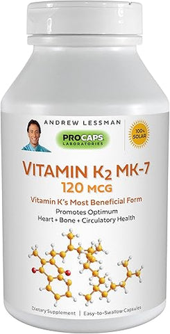 Vitamina K2 MK7 120 mcg 60 Softgels – Essencial para a Utilização Saudável do Cálcio, Promove a Saúde Óssea, Cardíaca e Arterial Ótima. Sem Aditivos. Fácil de Ingerir - ANDREW LESSMAN