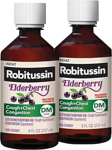 Maximum Strength Xarope para Tosse de Sabugueiro e Congestão Torácica DM – Alívio Não Sonolento para Tosse e Congestão Torácica em Adultos – 2×8 Fl Oz (473 ml) - Robitussin