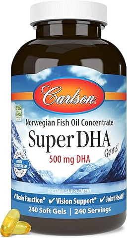 Super DHA Gems – 500 mg Ômega-3, 640 mg Ácidos Graxos, Concentrado de Óleo de Peixe Norueguês, Capturado de Forma Sustentável, Cápsulas de Óleo de Peixe, 240 Softgels - Carlson