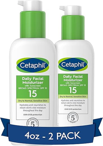 Hidratante Facial Diário FPS 15, 120 ml, para Peles Secas a Normais, Sem Fragrância, Pack com 2 (Embalagem Pode Variar) - Cetaphil