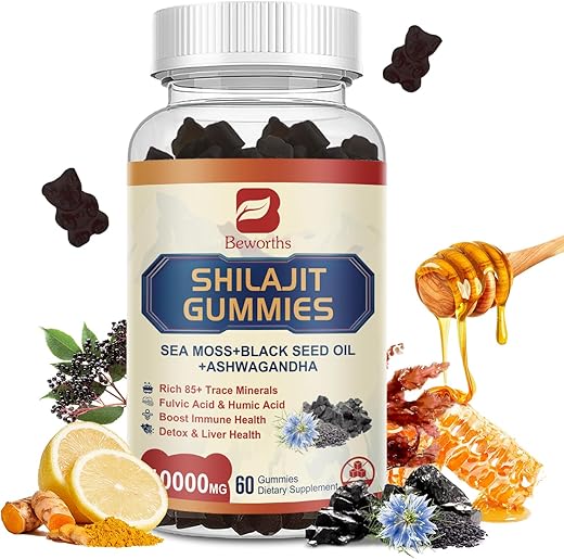 B BEWORTHS - Shilajit Resin Gummies: Suplemento de Musgo do Mar Irlandês com Óleo de Semente Preta, Ashwagandha e Ginseng Panax – 85 Minerais Traços