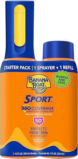 Sport 360 Protetor Solar Corporal FPS 50 Spray: Não-Aerossol, Cobertura 360, Frasco Recarregável 160ml - Banana Boat