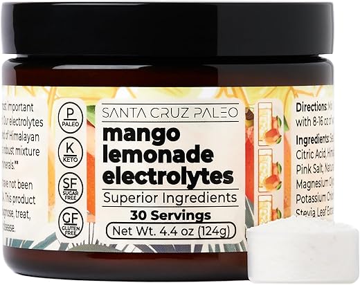 Real Salt Electrolytes Powder – Bebida de Hidratação em Pó de Limonada de Manga, Feita com Sal Rosa do Himalaia e Sal Marinho, Livre de Glúten, Keto, Sem Açúcar, Paleo, 30 Porções, 1g - Santa Cruz Paleo