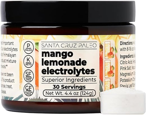 Real Salt Electrolytes Powder – Bebida de Hidratação em Pó de Limonada de Manga, Feita com Sal Rosa do Himalaia e Sal Marinho, Livre de Glúten, Keto, Sem Açúcar, Paleo, 30 Porções, 1g - Santa Cruz Paleo